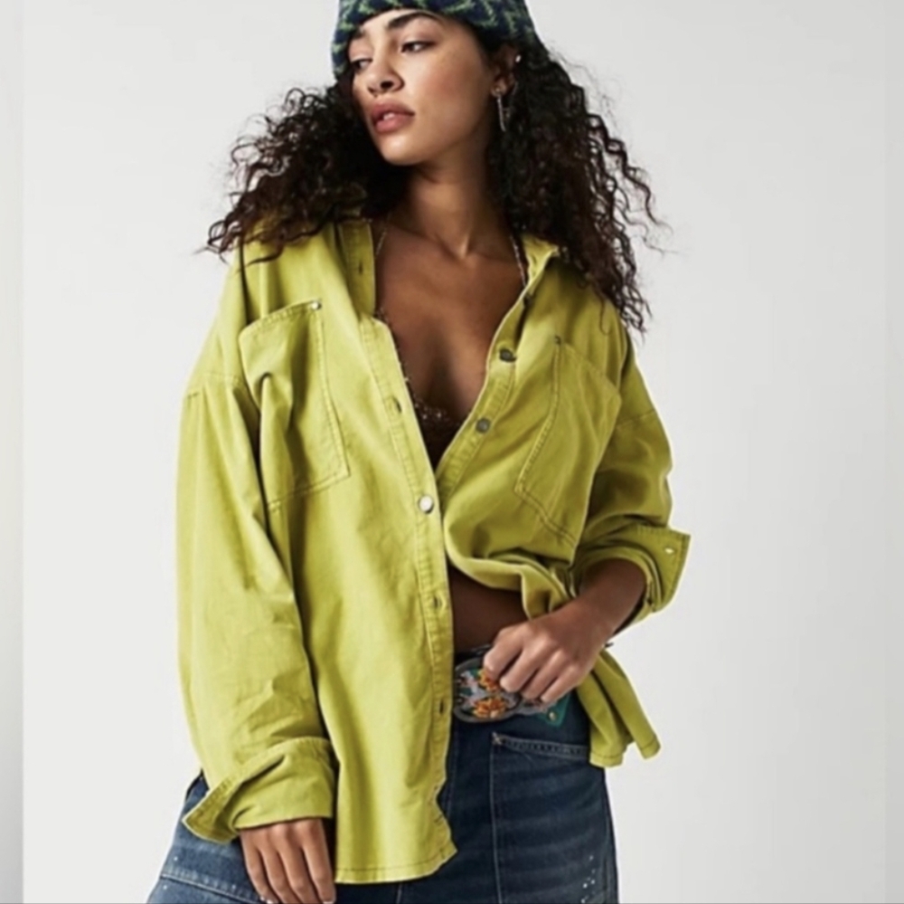 Free People Baby Cord Button Down Lime Size Small